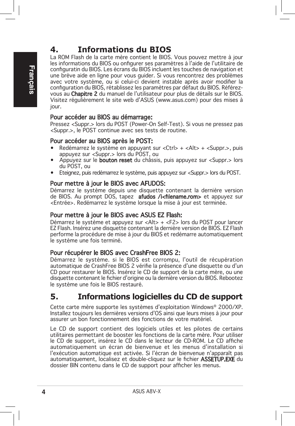 Informations du bios, Informations logicielles du cd de support, Français | Asus A8V-X User Manual | Page 4 / 38