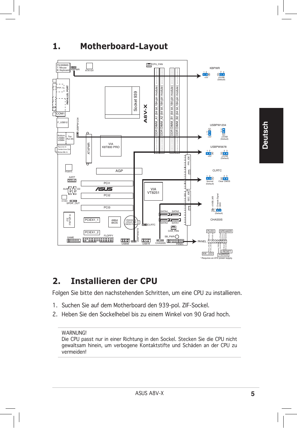 Motherboard-layout 2. installieren der cpu, Deutsch, Asus a8v-x | A8 v -x, Socket 939 | Asus A8V-X User Manual | Page 5 / 38