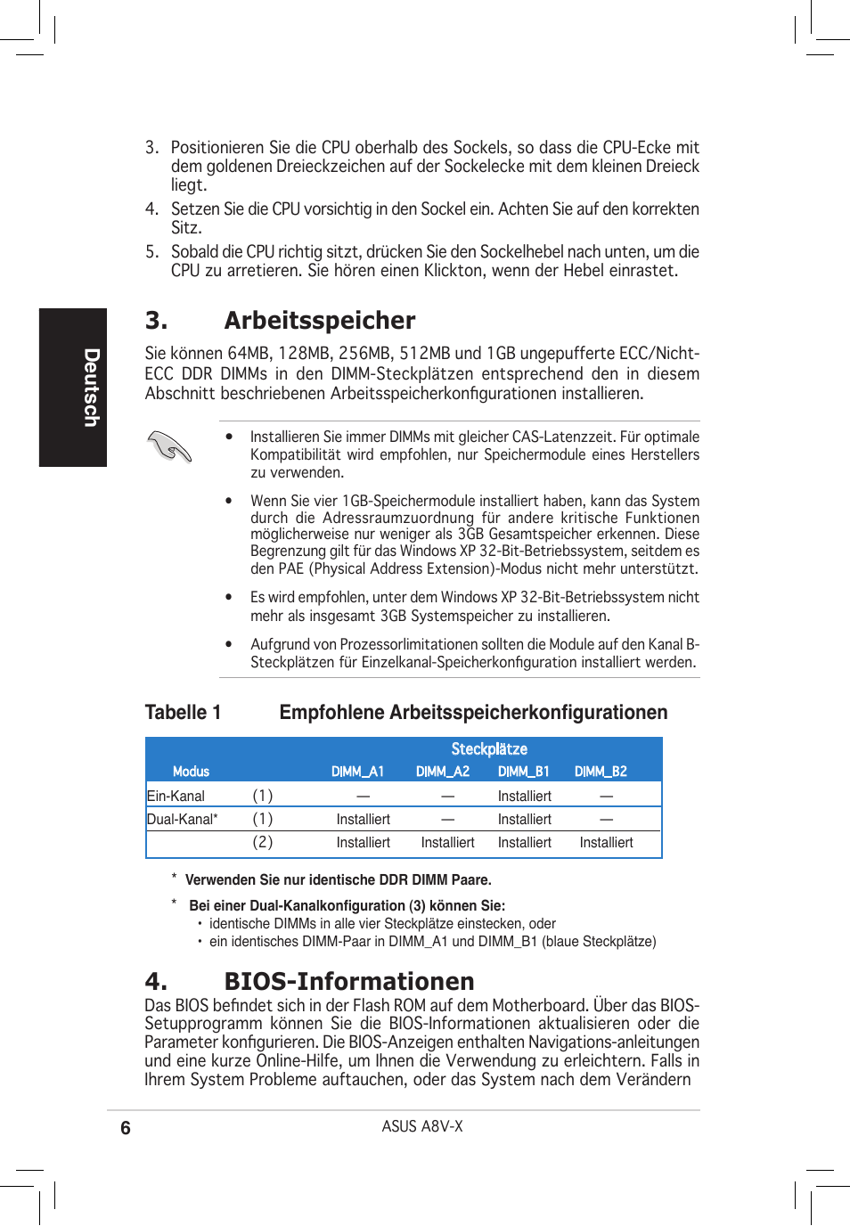 Arbeitsspeicher, Bios-informationen, Deutsch | Tabelle 1 empfohlene arbeitsspeicherkonﬁgurationen | Asus A8V-X User Manual | Page 6 / 38