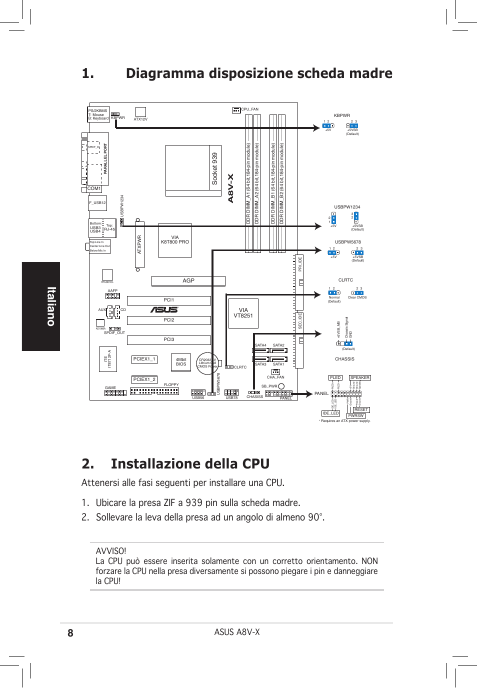 Italiano, Asus a8v-x, A8 v -x | Socket 939 | Asus A8V-X User Manual | Page 8 / 38