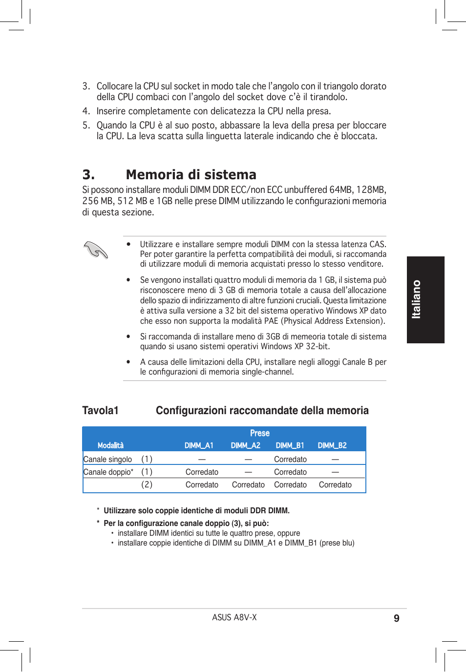 Italiano | Asus A8V-X User Manual | Page 9 / 38