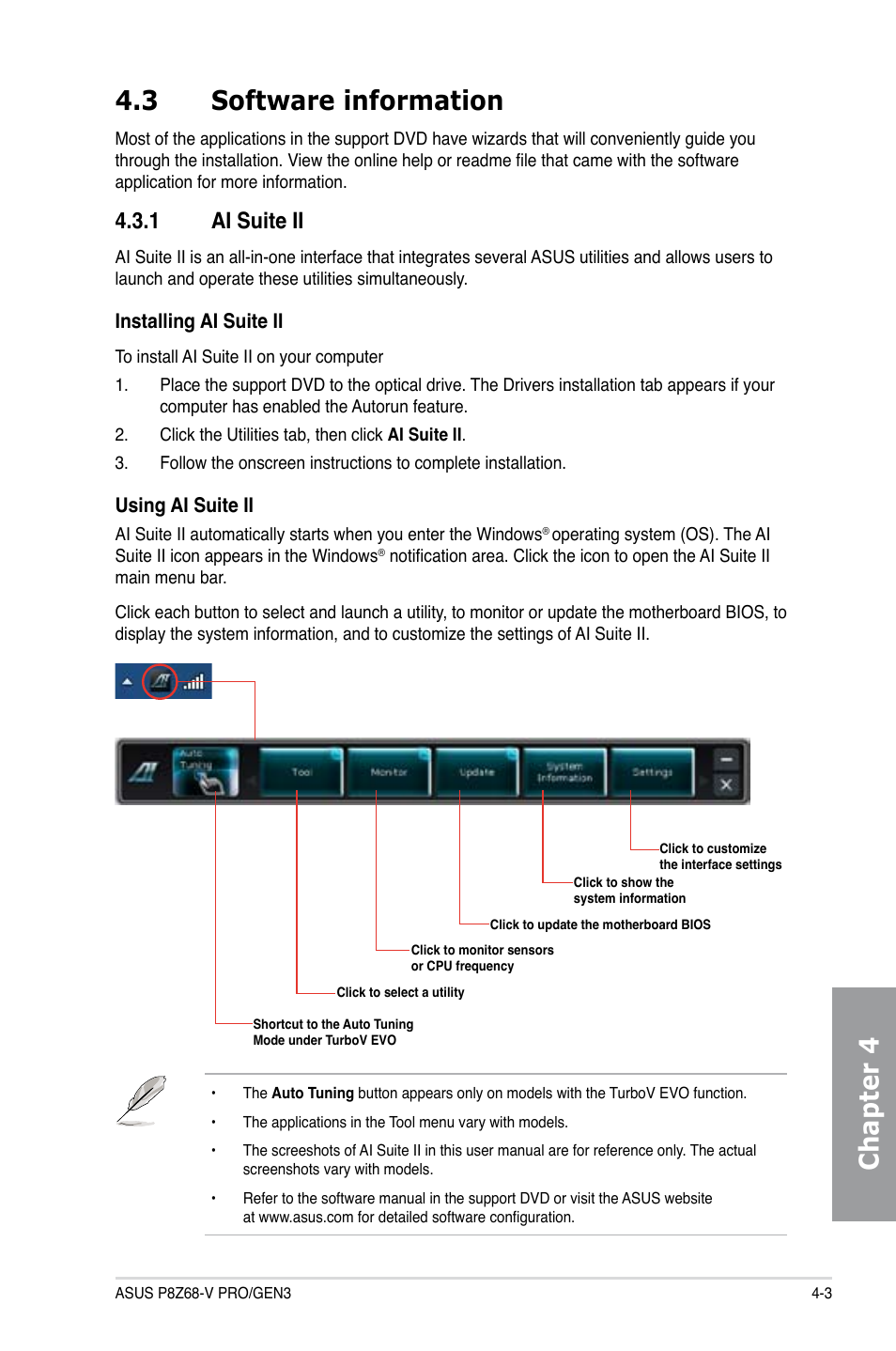 3 software information, 1 ai suite ii, Software information -3 4.3.1 | Ai suite ii -3, Chapter 4 4.3 software information | Asus P8Z68-V PRO/GEN3 User Manual | Page 109 / 146