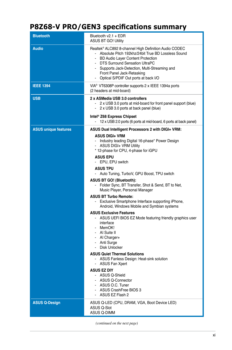 P8z68-v pro/gen3 specifications summary | Asus P8Z68-V PRO/GEN3 User Manual | Page 11 / 146