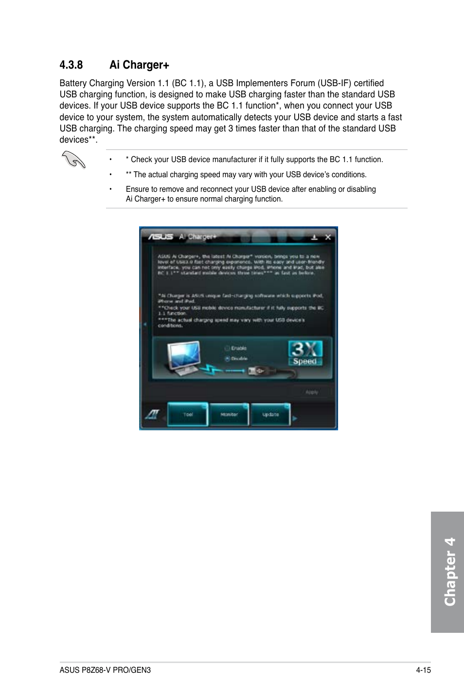 8 ai charger, Ai charger+ -15, Chapter 4 | Asus P8Z68-V PRO/GEN3 User Manual | Page 121 / 146
