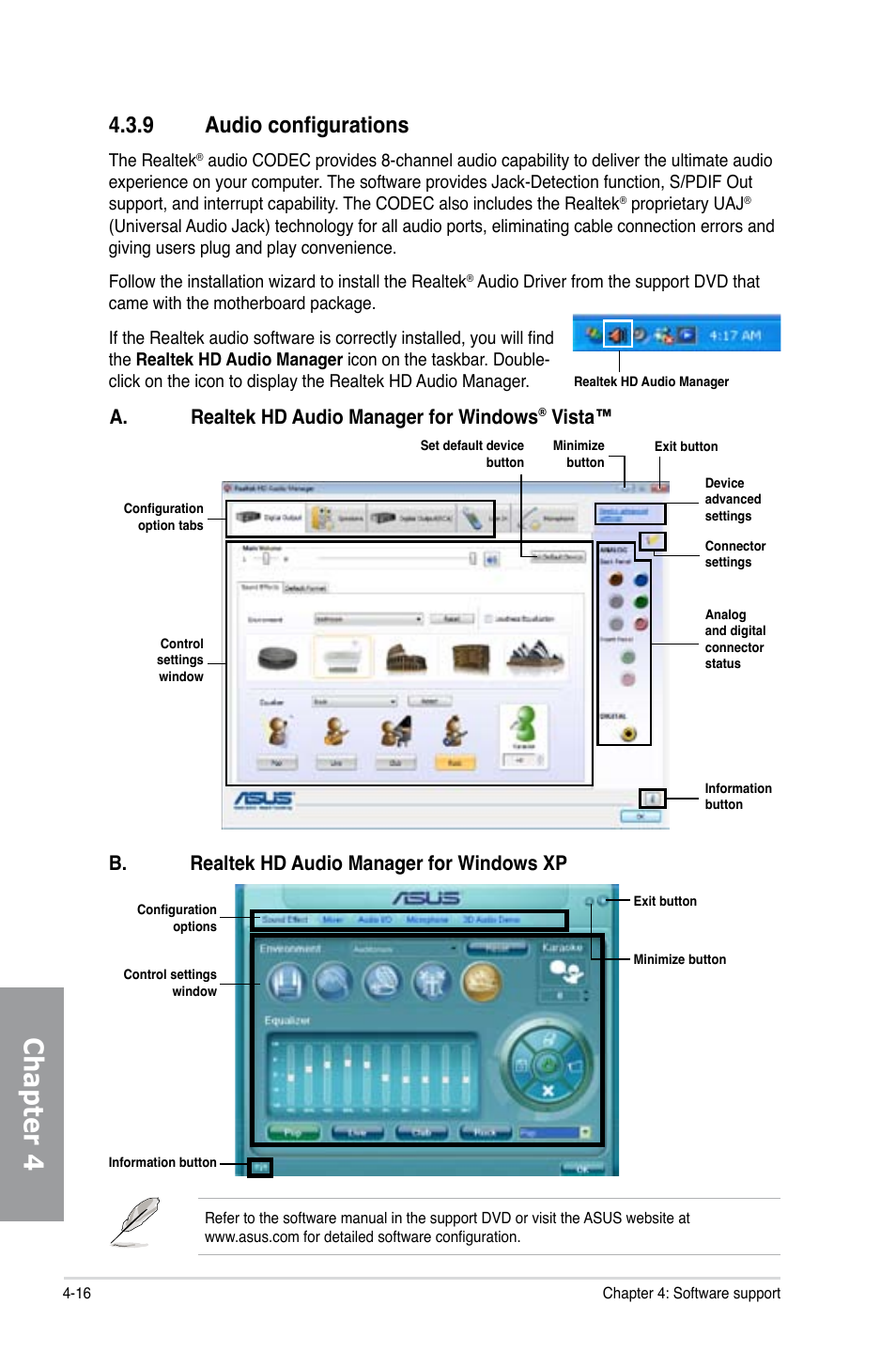 9 audio configurations, Audio configurations -16, Chapter 4 | A. realtek hd audio manager for windows, Vista, B. realtek hd audio manager for windows xp | Asus P8Z68-V PRO/GEN3 User Manual | Page 122 / 146