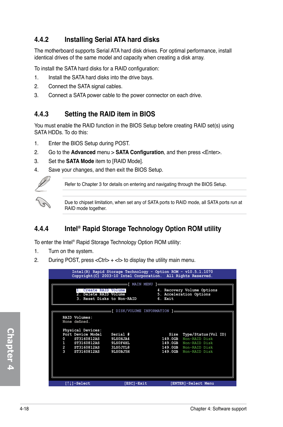 2 installing serial ata hard disks, 3 setting the raid item in bios, Installing serial ata hard disks -18 | Setting the raid item in bios -18, Intel, Rapid storage technology option rom utility -18, Chapter 4, 4 intel, Rapid storage technology option rom utility | Asus P8Z68-V PRO/GEN3 User Manual | Page 124 / 146