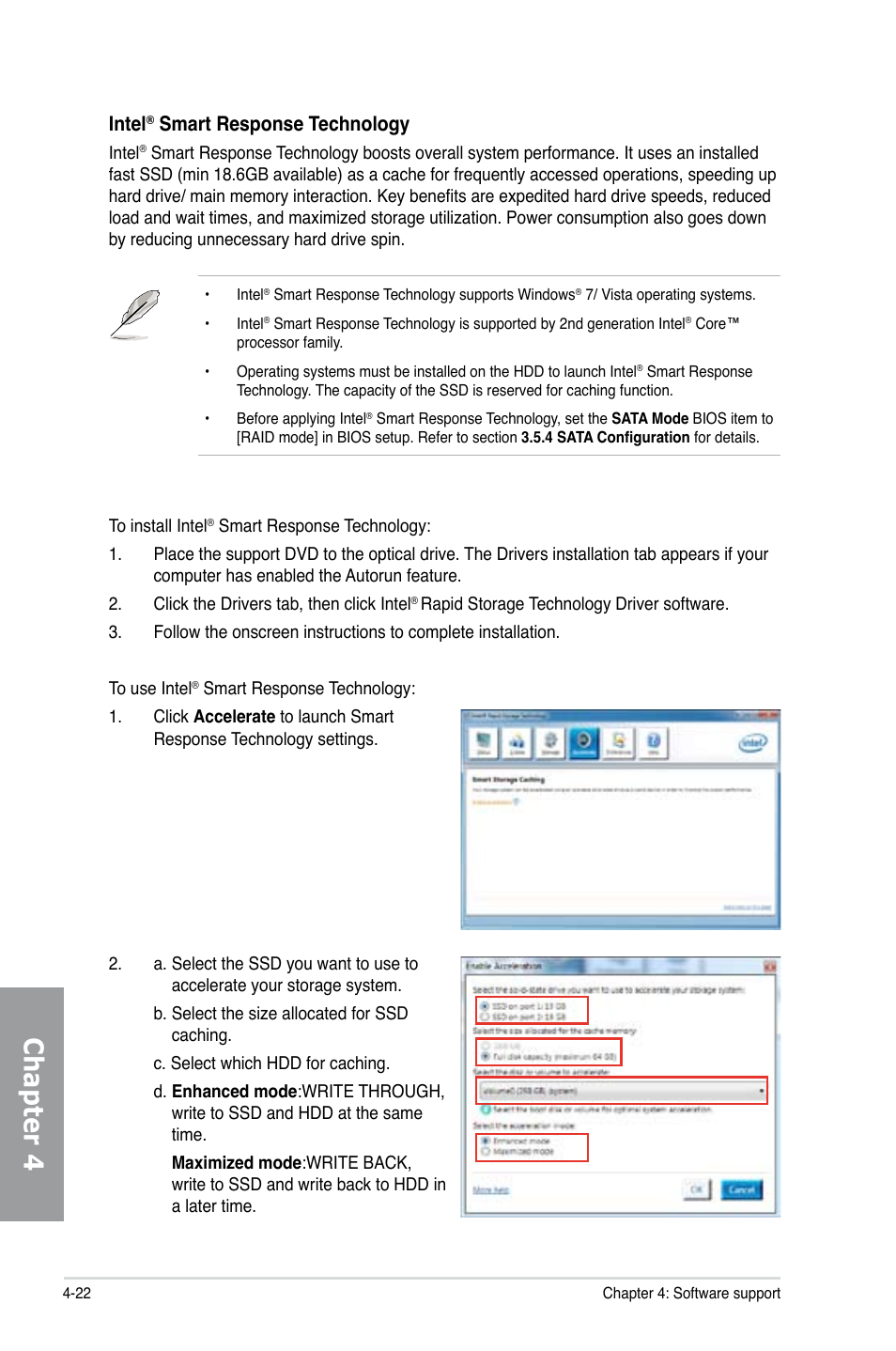 Chapter 4, Intel, Smart response technology | Asus P8Z68-V PRO/GEN3 User Manual | Page 128 / 146