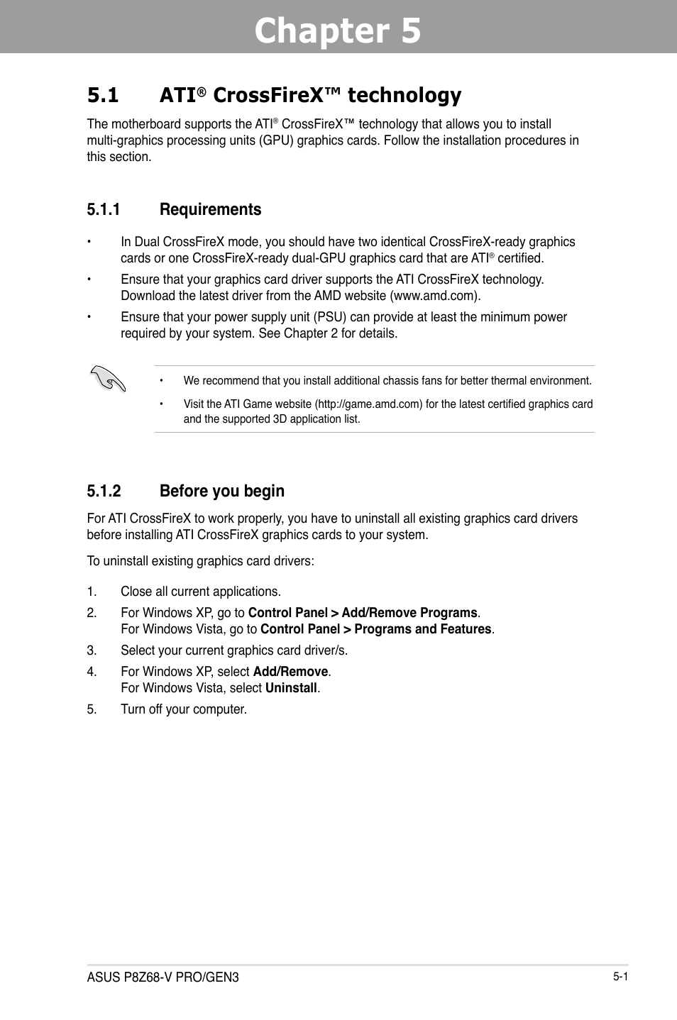 Chapter 5: multiple gpu technology support, 1 ati® crossfirex™ technology, 1 requirements | 2 before you begin, Chapter 5, Multiple gpu technology support, Crossfirex™ technology -1, Requirements -1, Before you begin -1, 1 ati | Asus P8Z68-V PRO/GEN3 User Manual | Page 135 / 146