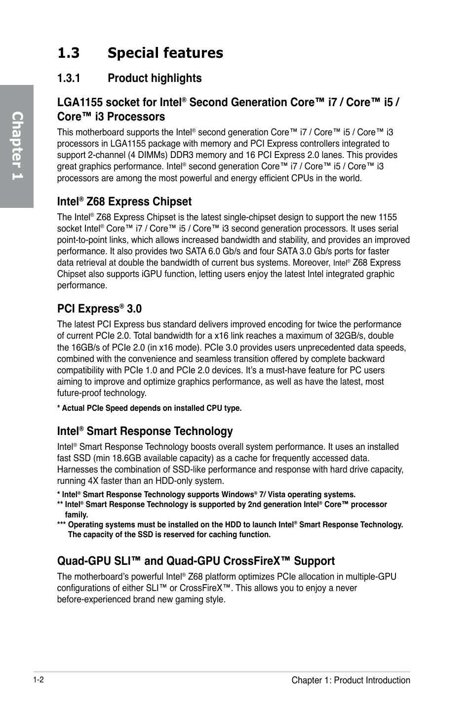 3 special features, 1 product highlights, Special features -2 1.3.1 | Product highlights -2, Chapter 1 1.3 special features, Intel, Z68 express chipset, Pci express, Smart response technology, Quad-gpu sli™ and quad-gpu crossfirex™ support | Asus P8Z68-V PRO/GEN3 User Manual | Page 14 / 146