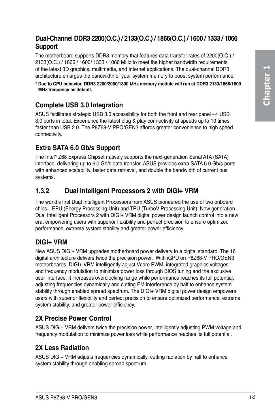 2 dual intelligent processors 2 with digi+ vrm, Dual intelligent processors 2 with digi+ vrm -3, Chapter 1 | Complete usb 3.0 integration, Extra sata 6.0 gb/s support, Digi+ vrm, 2x precise power control, 2x less radiation | Asus P8Z68-V PRO/GEN3 User Manual | Page 15 / 146