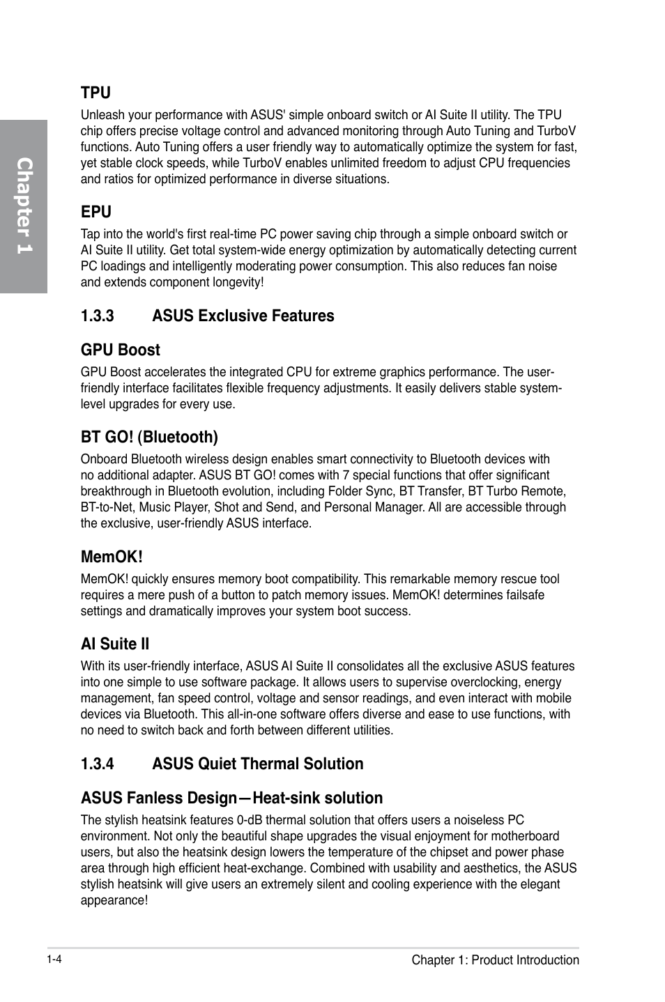 3 asus exclusive features, 4 asus quiet thermal solution, Asus exclusive features -4 | Asus quiet thermal solution -4, Chapter 1, 3 asus exclusive features gpu boost, Bt go! (bluetooth), Ai suite ii | Asus P8Z68-V PRO/GEN3 User Manual | Page 16 / 146