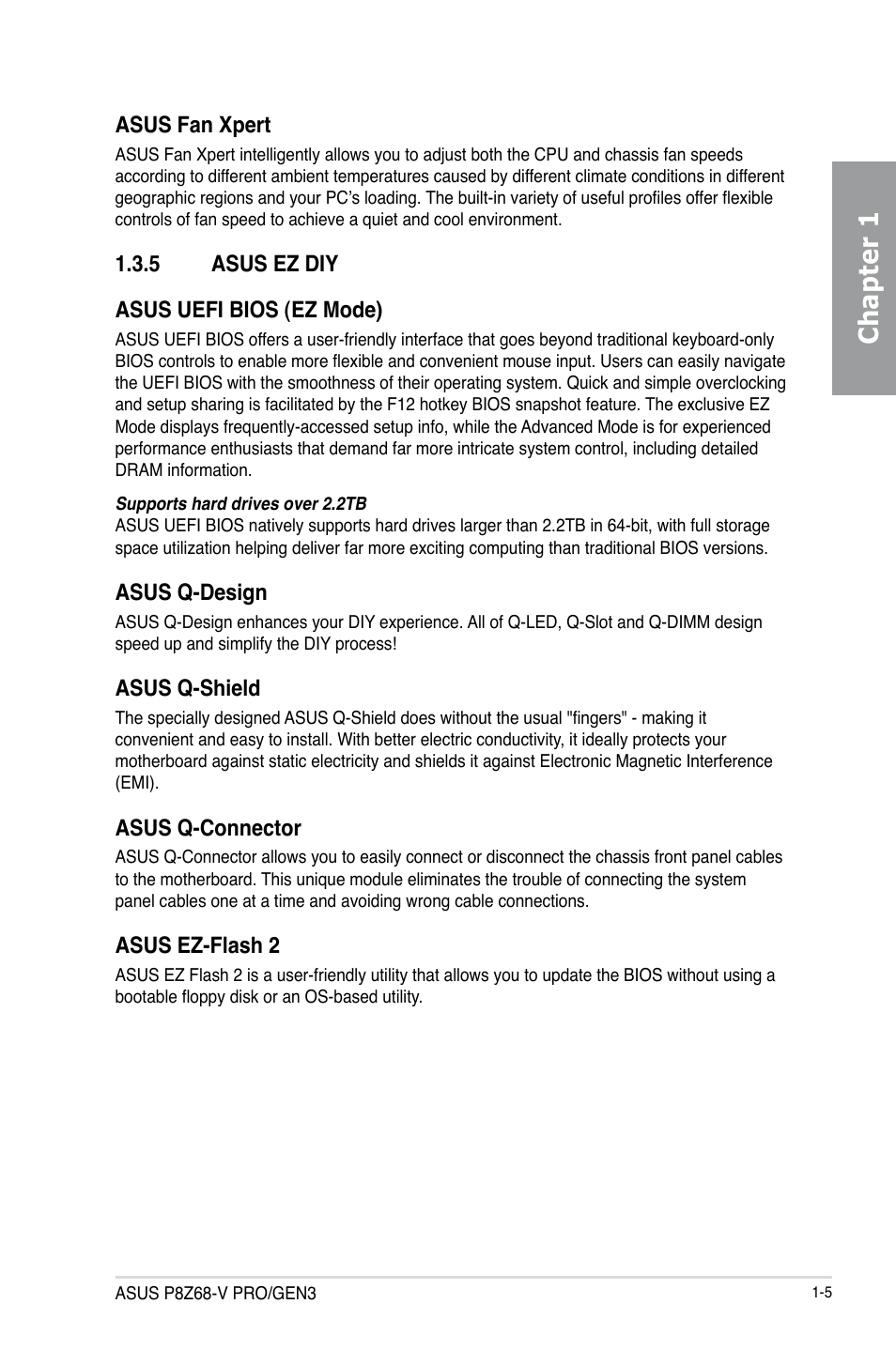 5 asus ez diy, Asus ez diy -5, Chapter 1 | Asus fan xpert, 5 asus ez diy asus uefi bios (ez mode), Asus q-design, Asus q-shield, Asus q-connector, Asus ez-flash 2 | Asus P8Z68-V PRO/GEN3 User Manual | Page 17 / 146