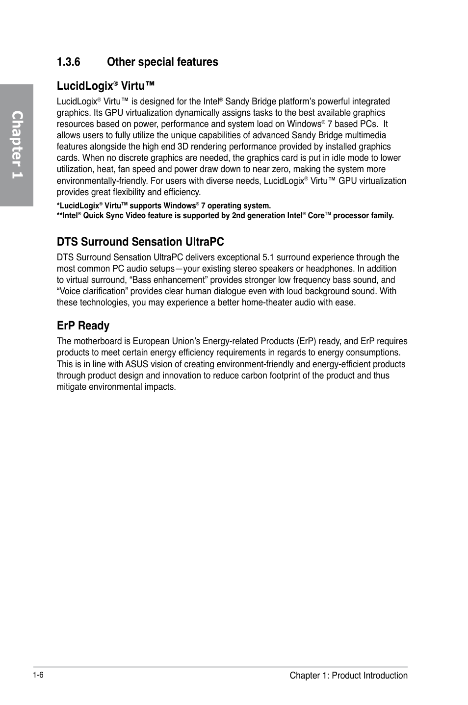 6 other special features, Other special features -6, Chapter 1 | 6 other special features lucidlogix, Virtu, Dts surround sensation ultrapc, Erp ready | Asus P8Z68-V PRO/GEN3 User Manual | Page 18 / 146