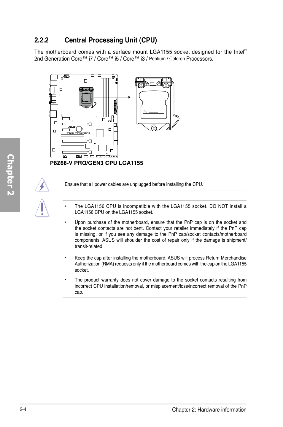 2 central processing unit (cpu), Central processing unit (cpu) -4, Chapter 2 | Asus P8Z68-V PRO/GEN3 User Manual | Page 22 / 146