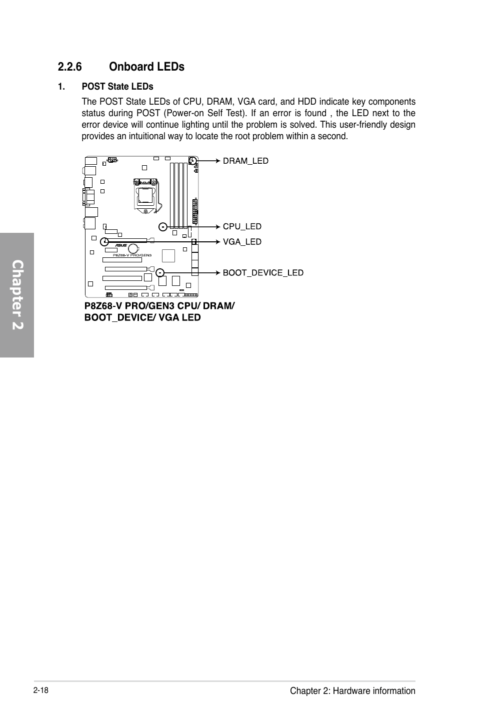 6 onboard leds, Onboard leds -18, Chapter 2 | Asus P8Z68-V PRO/GEN3 User Manual | Page 36 / 146