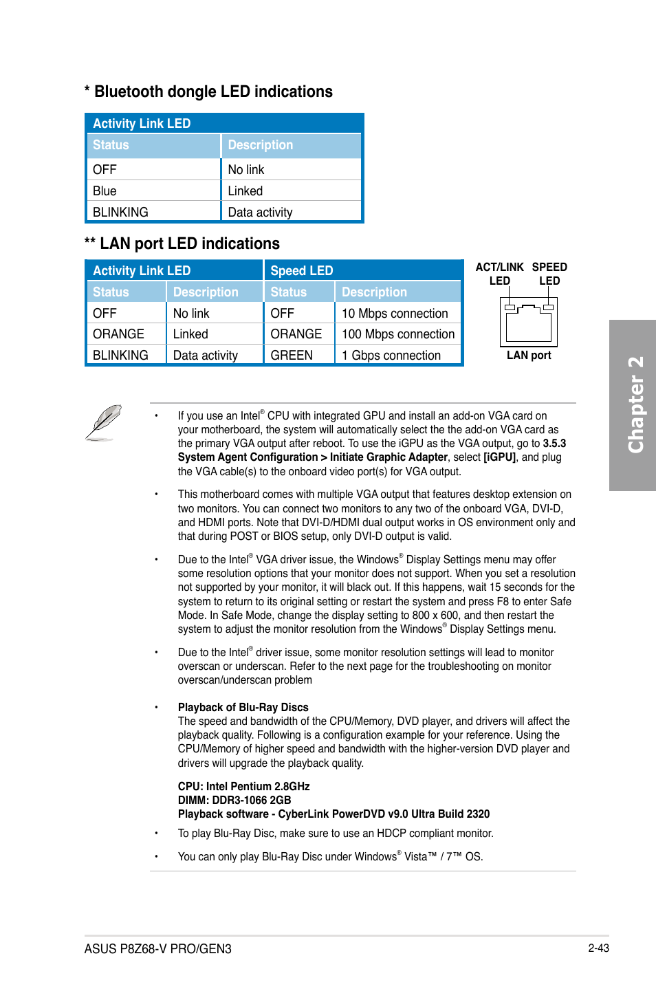 Chapter 2, Lan port led indications, Bluetooth dongle led indications | Asus P8Z68-V PRO/GEN3 User Manual | Page 61 / 146