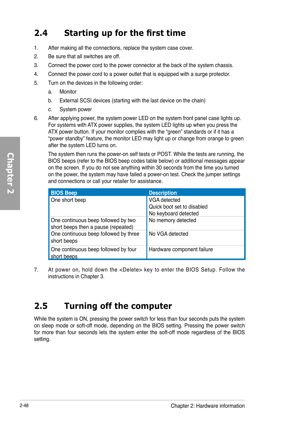 4 starting up for the first time, 5 turning off the computer, Starting up for the first time -48 | Turning off the computer -48, Chapter 2 2.4 starting up for the first time | Asus P8Z68-V PRO/GEN3 User Manual | Page 66 / 146