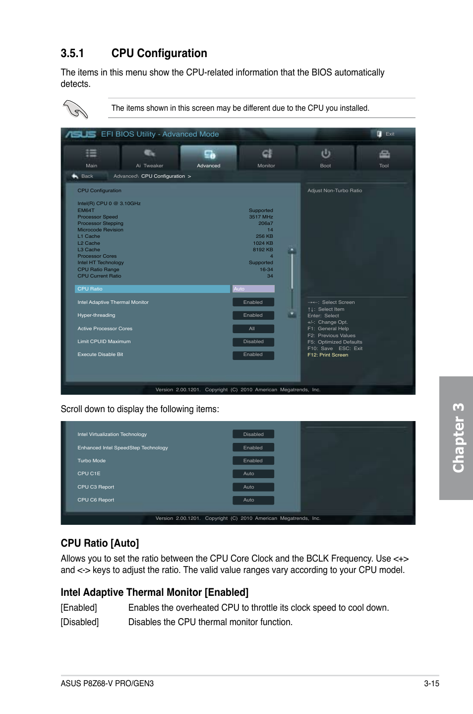 1 cpu configuration, Cpu configuration -15, Chapter 3 | Cpu ratio [auto, Intel adaptive thermal monitor [enabled, Scroll down to display the following items, Efi bios utility - advanced mode | Asus P8Z68-V PRO/GEN3 User Manual | Page 81 / 146