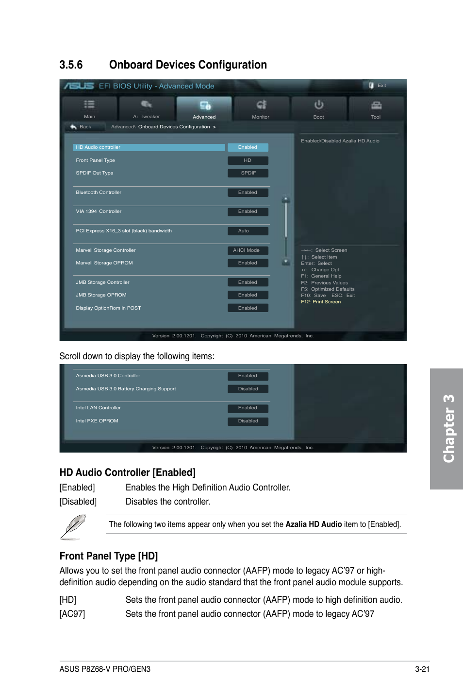 6 onboard devices configuration, Onboard devices configuration -21, Chapter 3 | Hd audio controller [enabled, Front panel type [hd, Scroll down to display the following items | Asus P8Z68-V PRO/GEN3 User Manual | Page 87 / 146