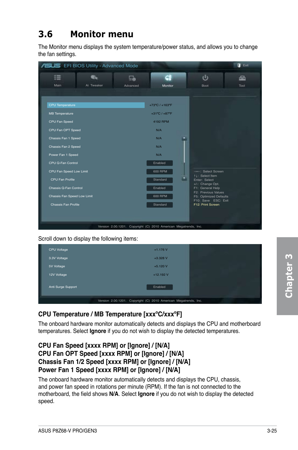 6 monitor menu, Monitor menu -25, Chapter 3 3.6 monitor menu | Cpu temperature / mb temperature [xxxºc/xxxºf | Asus P8Z68-V PRO/GEN3 User Manual | Page 91 / 146