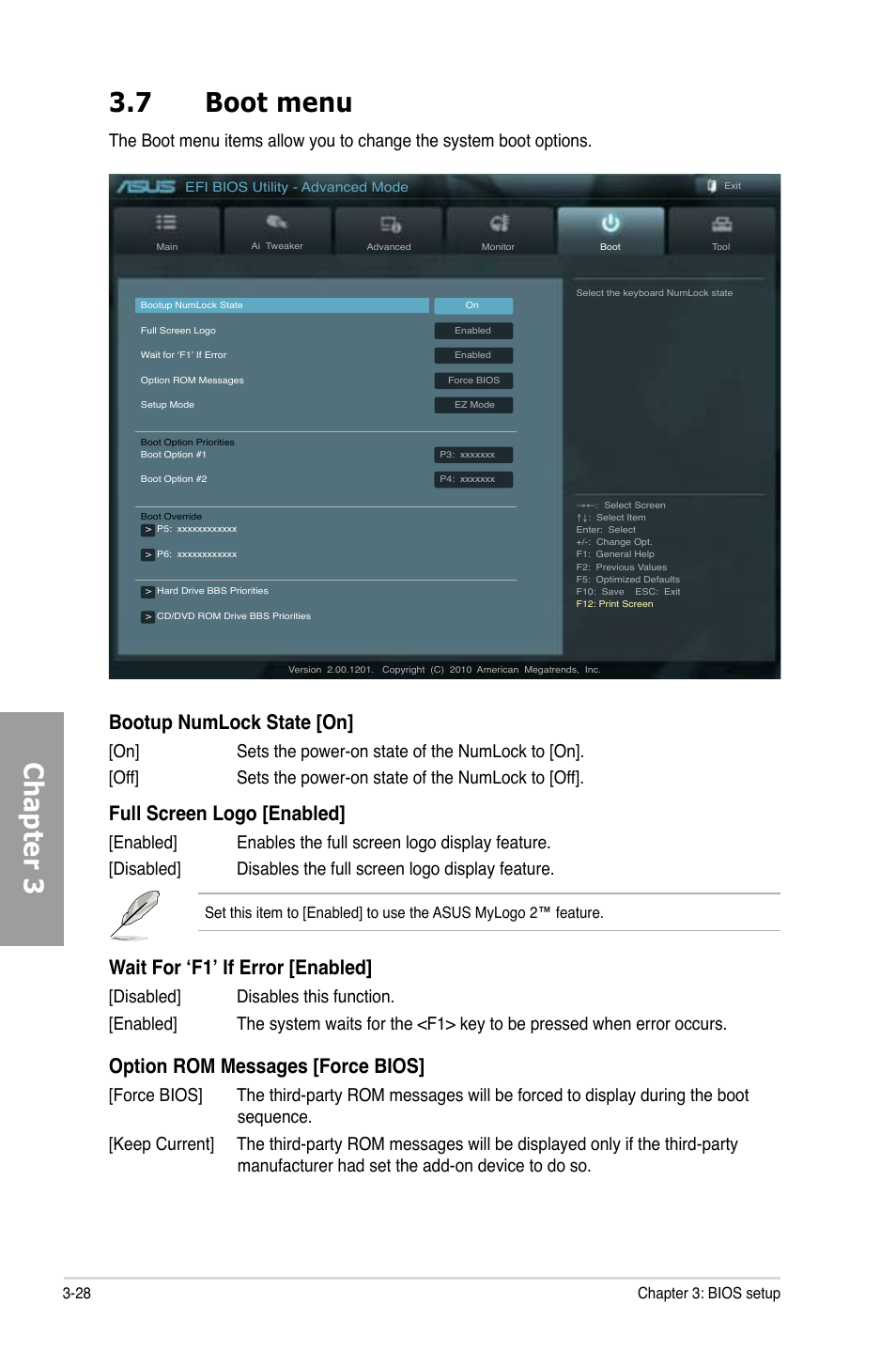7 boot menu, Boot menu -28, Chapter 3 3.7 boot menu | Bootup numlock state [on, Full screen logo [enabled, Wait for ‘f1’ if error [enabled, Option rom messages [force bios | Asus P8Z68-V PRO/GEN3 User Manual | Page 94 / 146