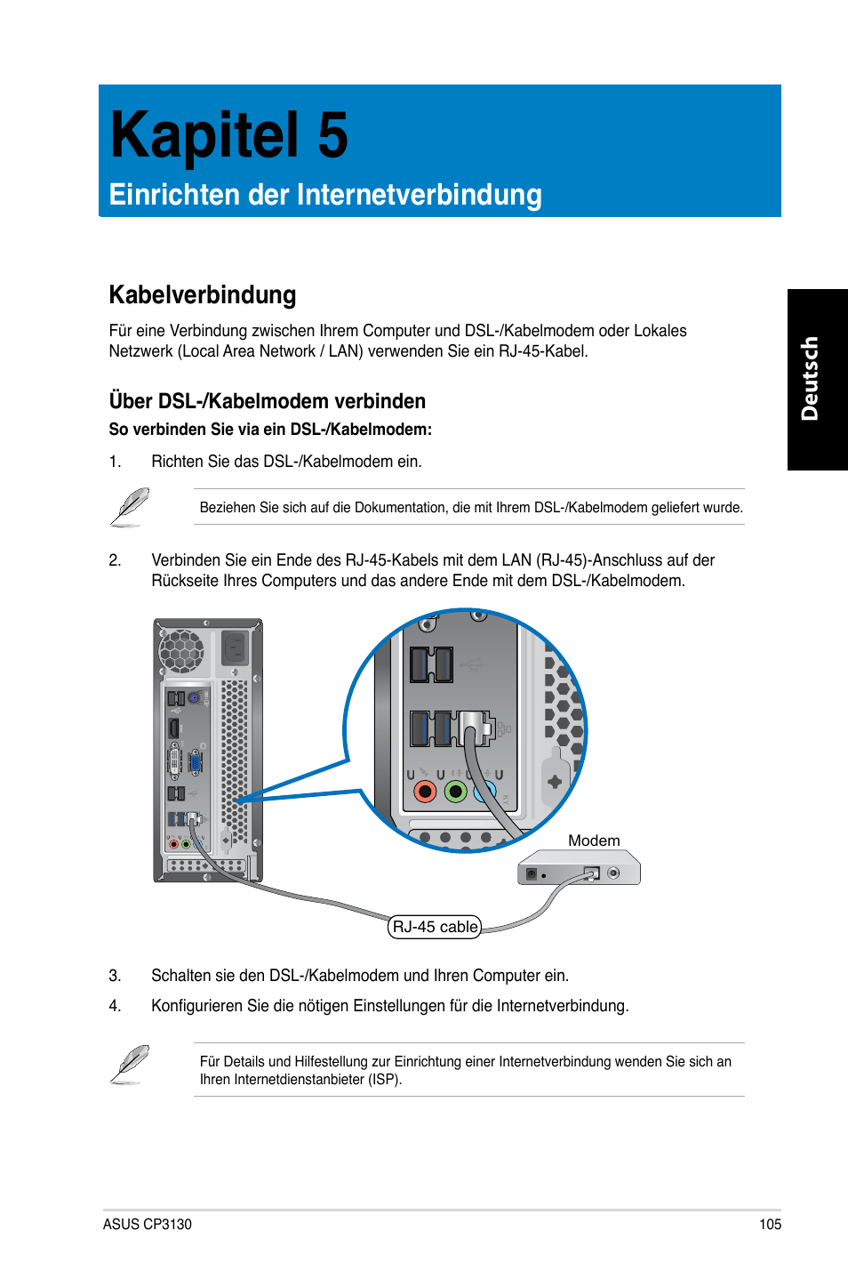 Kapitel 5, Einrichten der internetverbindung, Kabelverbindung | Kapitel.5, Einrichten.der.internetverbindung, Deutsch d eutsch | Asus CP3130 User Manual | Page 107 / 480