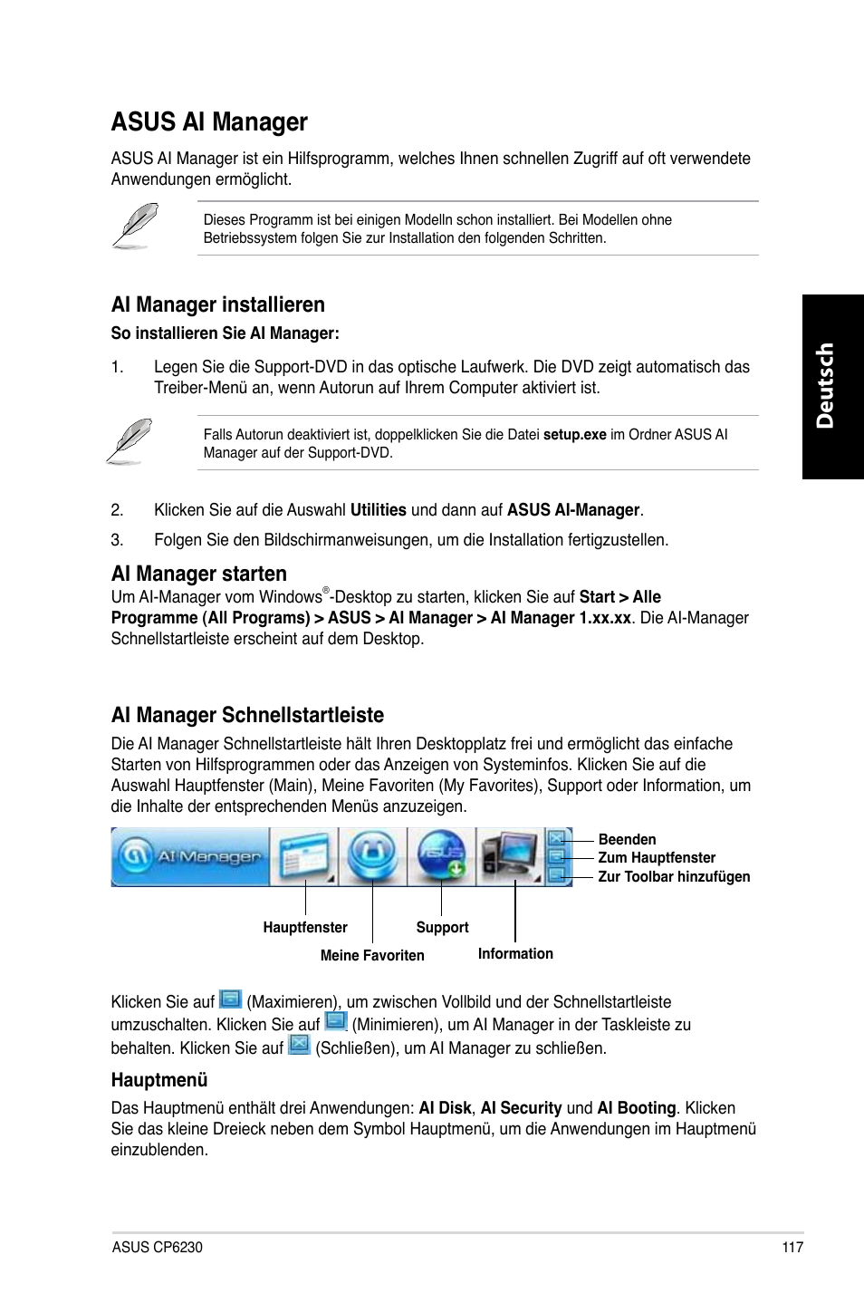 Asus ai manager, Asus.ai.manager, Deutsch d eutsch | Ai.manager.installieren, Ai.manager.starten, Ai.manager.schnellstartleiste | Asus CP3130 User Manual | Page 119 / 480