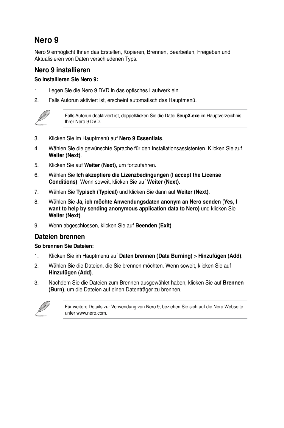 Nero 9, Nero 9 5, Nero.9 | Nero.9.installieren, Dateien.brennen | Asus CP3130 User Manual | Page 127 / 480