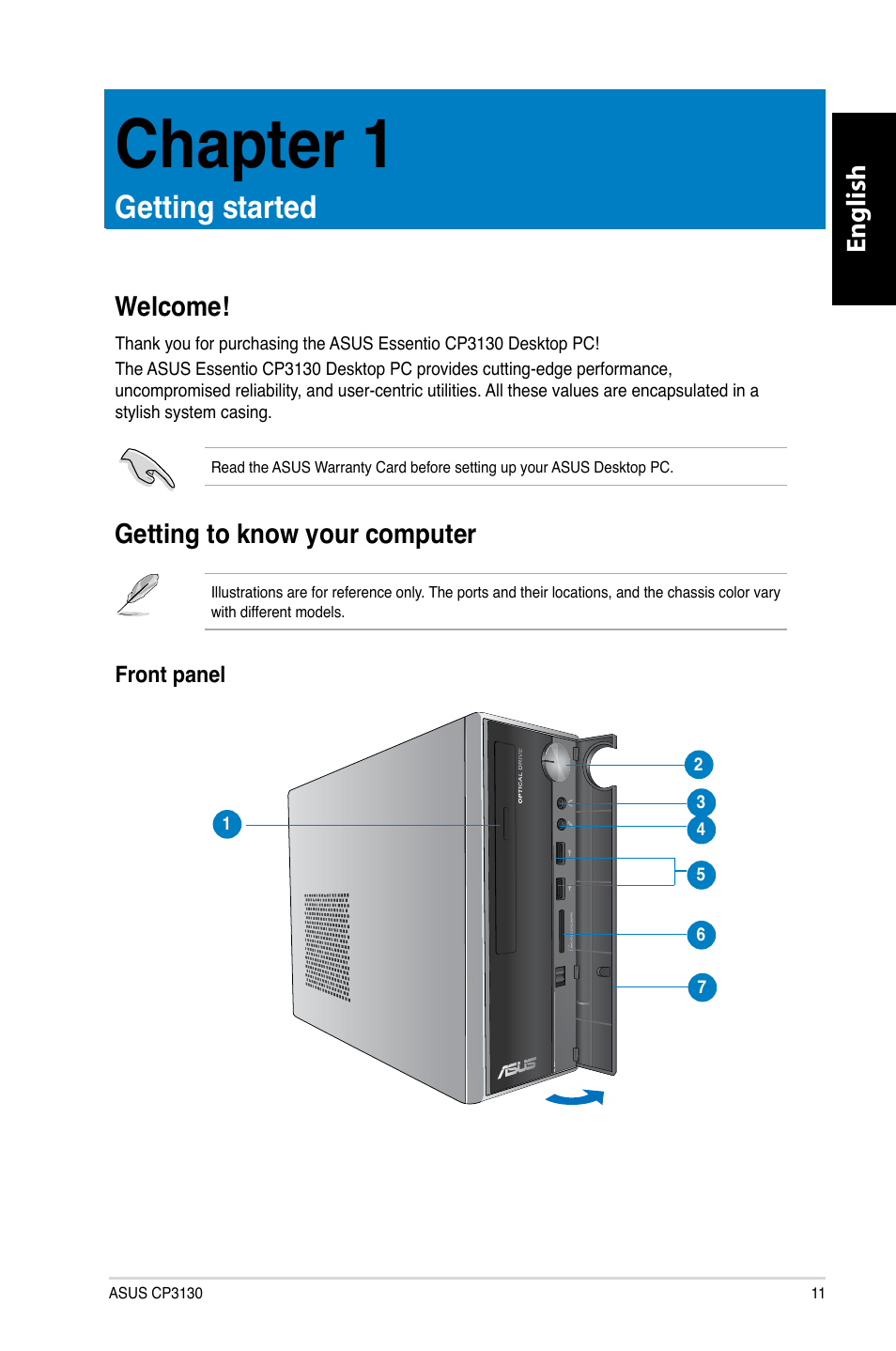 Chapter 1, Getting started, Welcome | Getting to know your computer, Chapter.1, Getting.started, Welcome! getting to know your computer, English | Asus CP3130 User Manual | Page 13 / 480