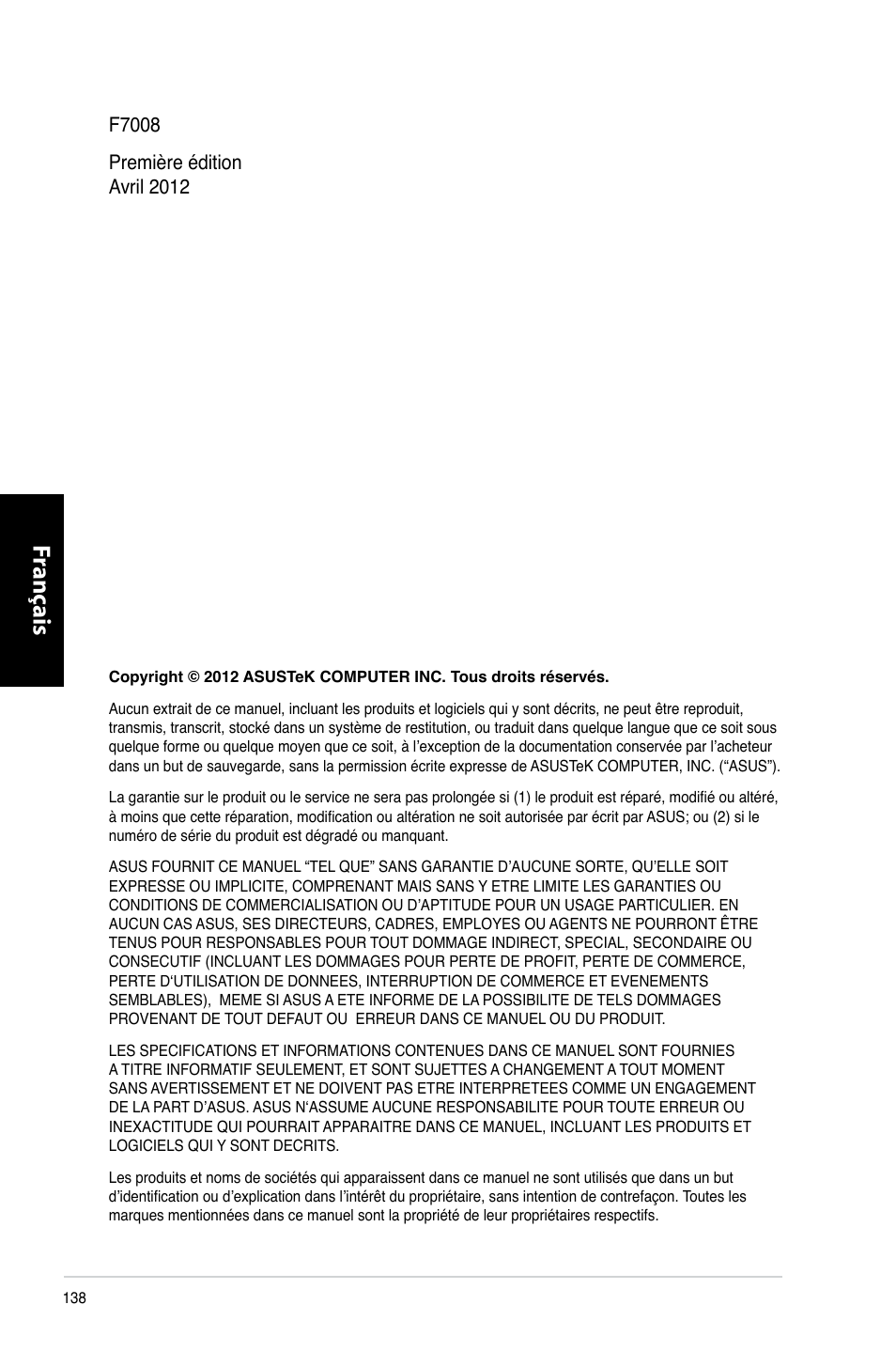 Fr ançais fr ançais fr ançais fr ançais | Asus CP3130 User Manual | Page 140 / 480