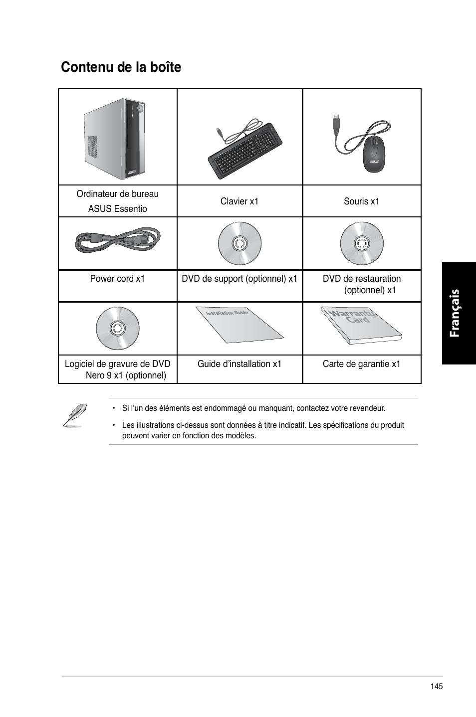 Contenu de la boîte, Contenu.de.la.boîte, Fr ançais fr ançais fr ançais fr ançais | Asus CP3130 User Manual | Page 147 / 480