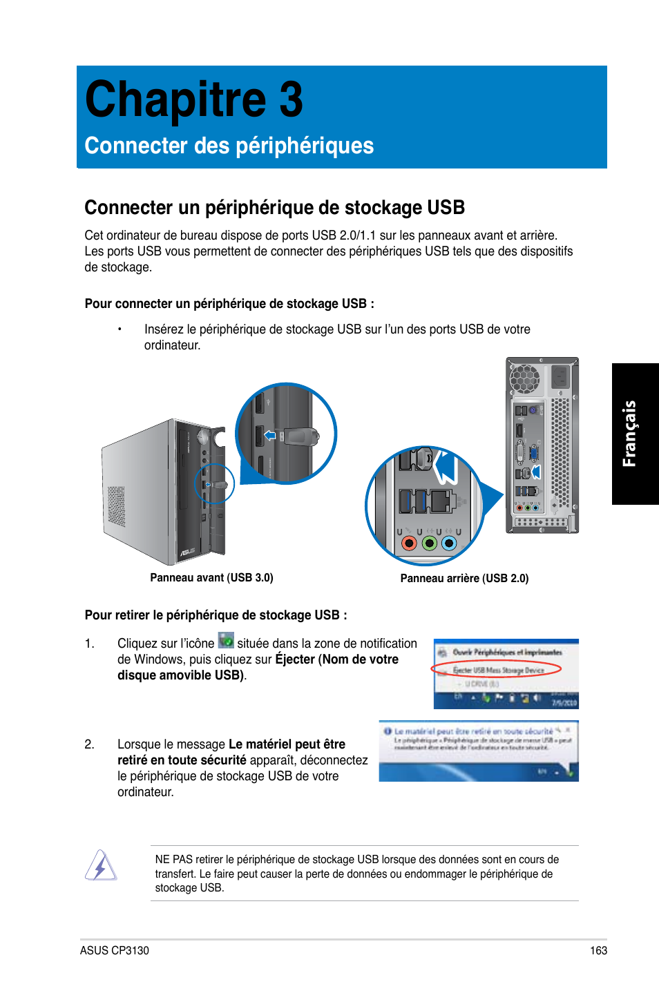 Chapitre 3, Connecter des périphériques, Connecter un périphérique de stockage usb | Chapitre.3, Connecter.des.périphériques, Fr ançais fr ançais | Asus CP3130 User Manual | Page 165 / 480