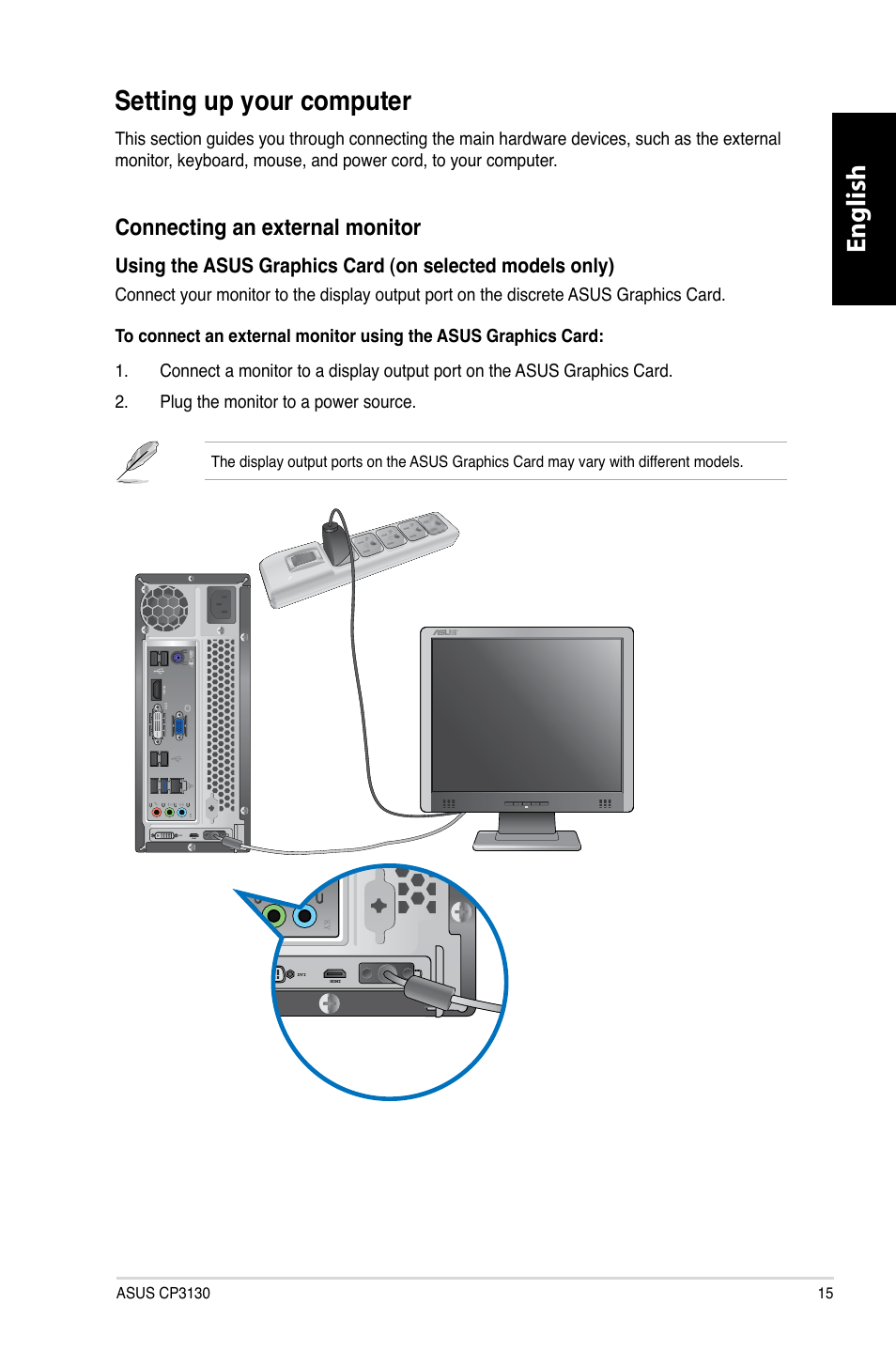 Setting up your computer, English, Connecting.an.external.monitor | Asus CP3130 User Manual | Page 17 / 480