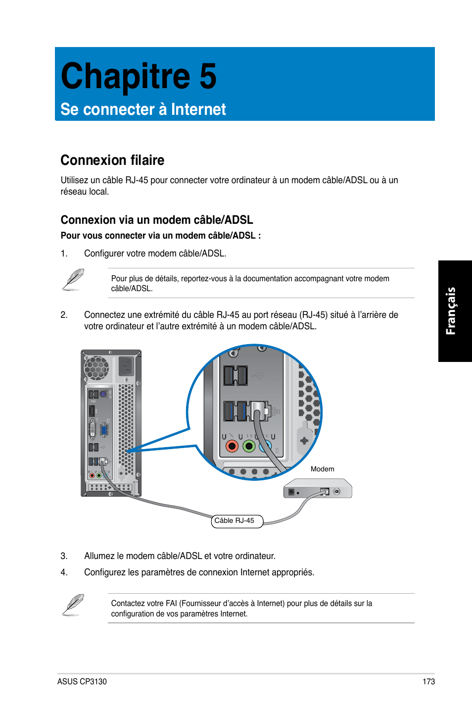 Chapitre 5, Se connecter à internet, Connexion filaire | Chapitre.5, Se.connecter.à.internet, Fr ançais fr ançais | Asus CP3130 User Manual | Page 175 / 480