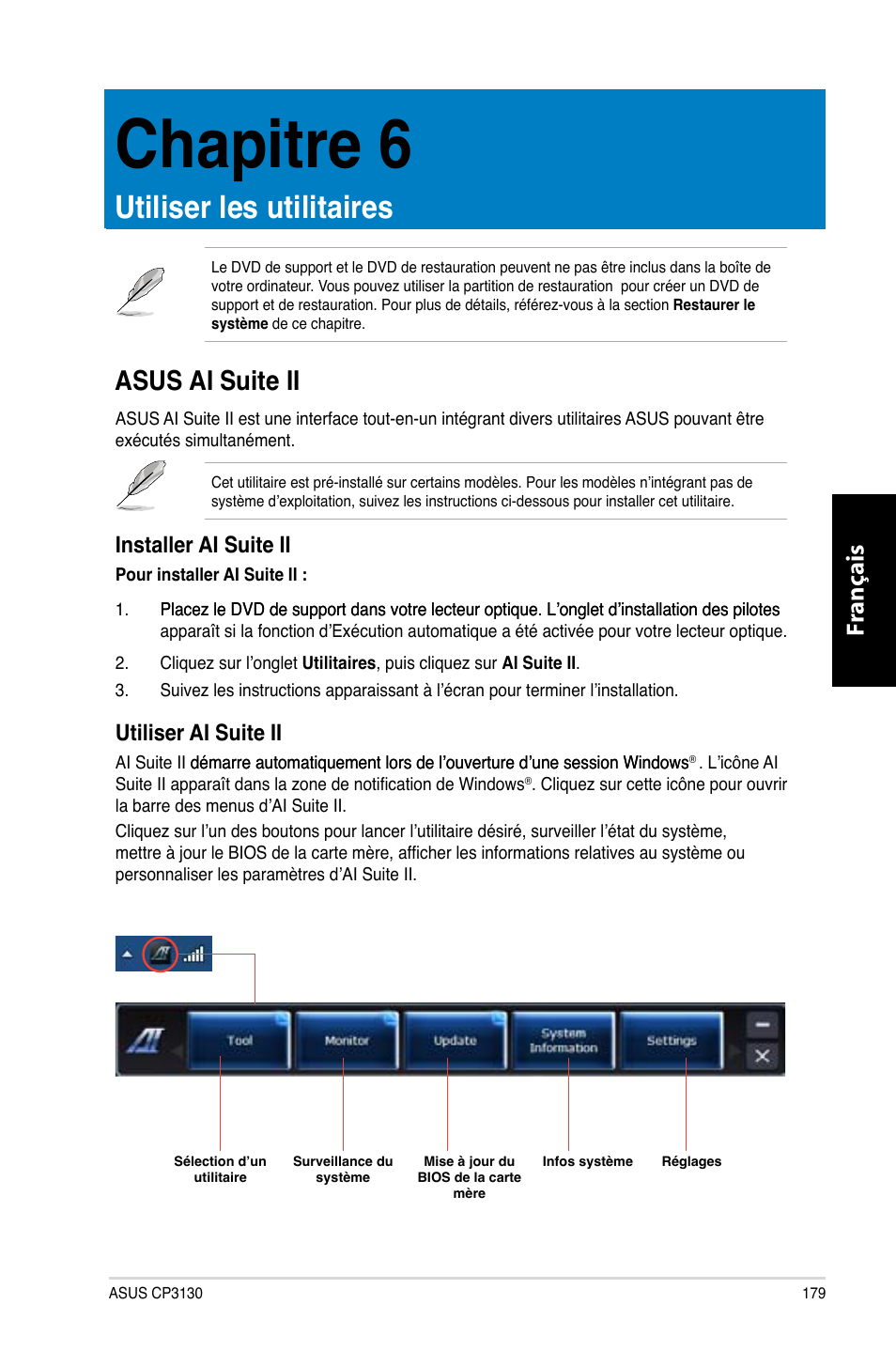 Chapitre 6, Utiliser les utilitaires, Asus ai suite ii | Chapitre.6, Utiliser.les.utilitaires, Asus.ai.suite.ii, Fr ançais fr ançais, Installer.ai.suite.ii, Utiliser.ai.suite.ii | Asus CP3130 User Manual | Page 181 / 480