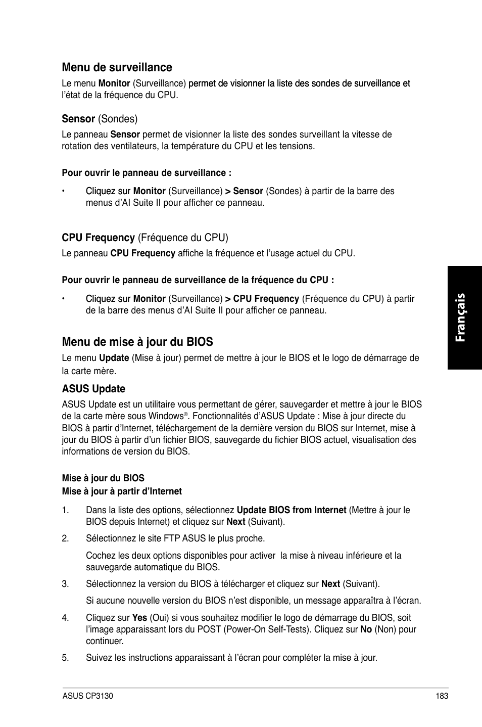 Fr ançais fr ançais, Menu.de.surveillance, Menu.de.mise.à.jour.du.bios | Asus CP3130 User Manual | Page 185 / 480