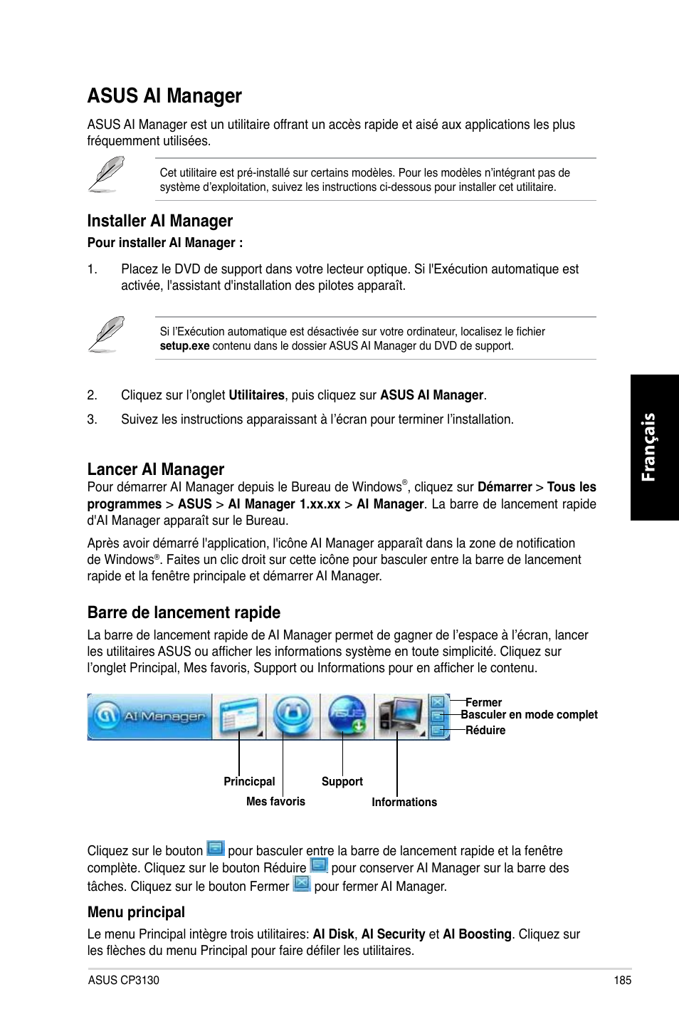 Asus ai manager, Asus.ai.manager, Fr ançais fr ançais | Barre.de.lancement.rapide, Installer.ai.manager, Lancer.ai.manager | Asus CP3130 User Manual | Page 187 / 480