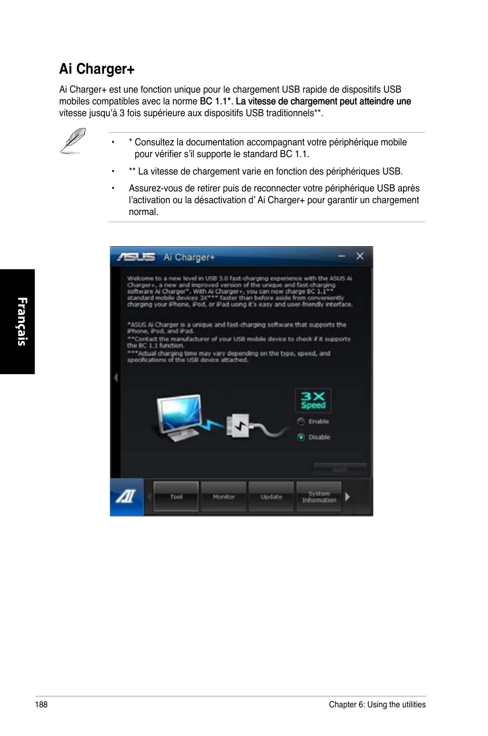 Ai charger, Ai.charger, Fr ançais fr ançais fr ançais fr ançais | Asus CP3130 User Manual | Page 190 / 480