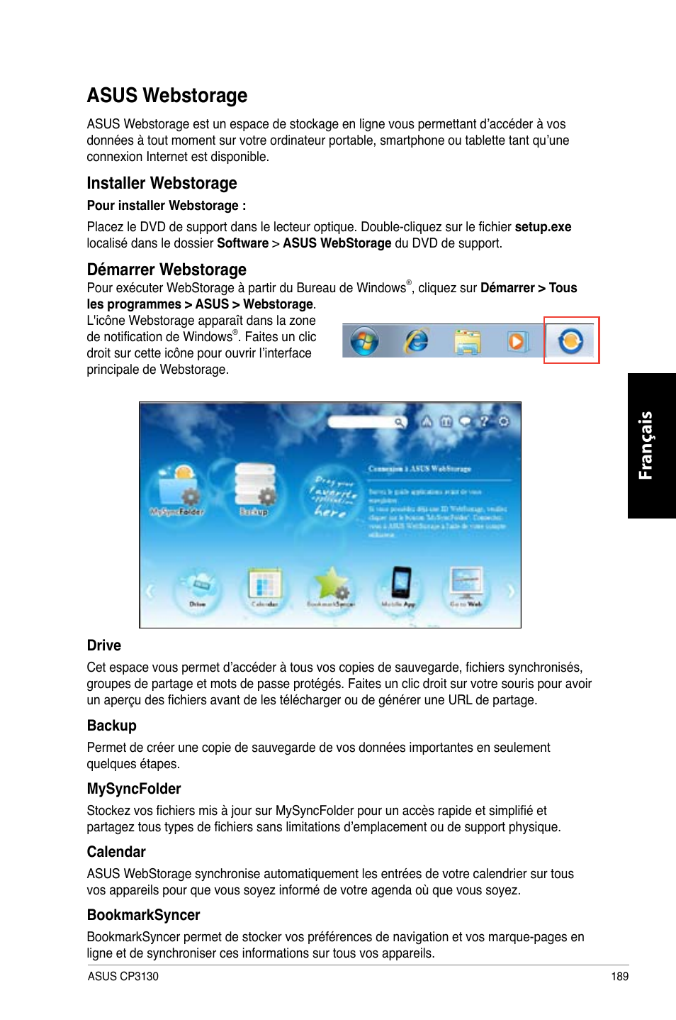 Asus webstorage, Asus.webstorage, Fr ançais fr ançais | Installer.webstorage, Démarrer.webstorage | Asus CP3130 User Manual | Page 191 / 480