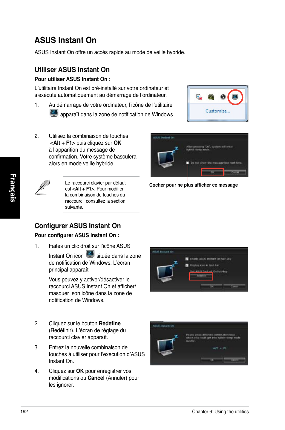 Asus instant on, Asus.instant.on, Fr ançais fr ançais fr ançais fr ançais | Utiliser.asus.instant.on, Configurer asus instant on | Asus CP3130 User Manual | Page 194 / 480