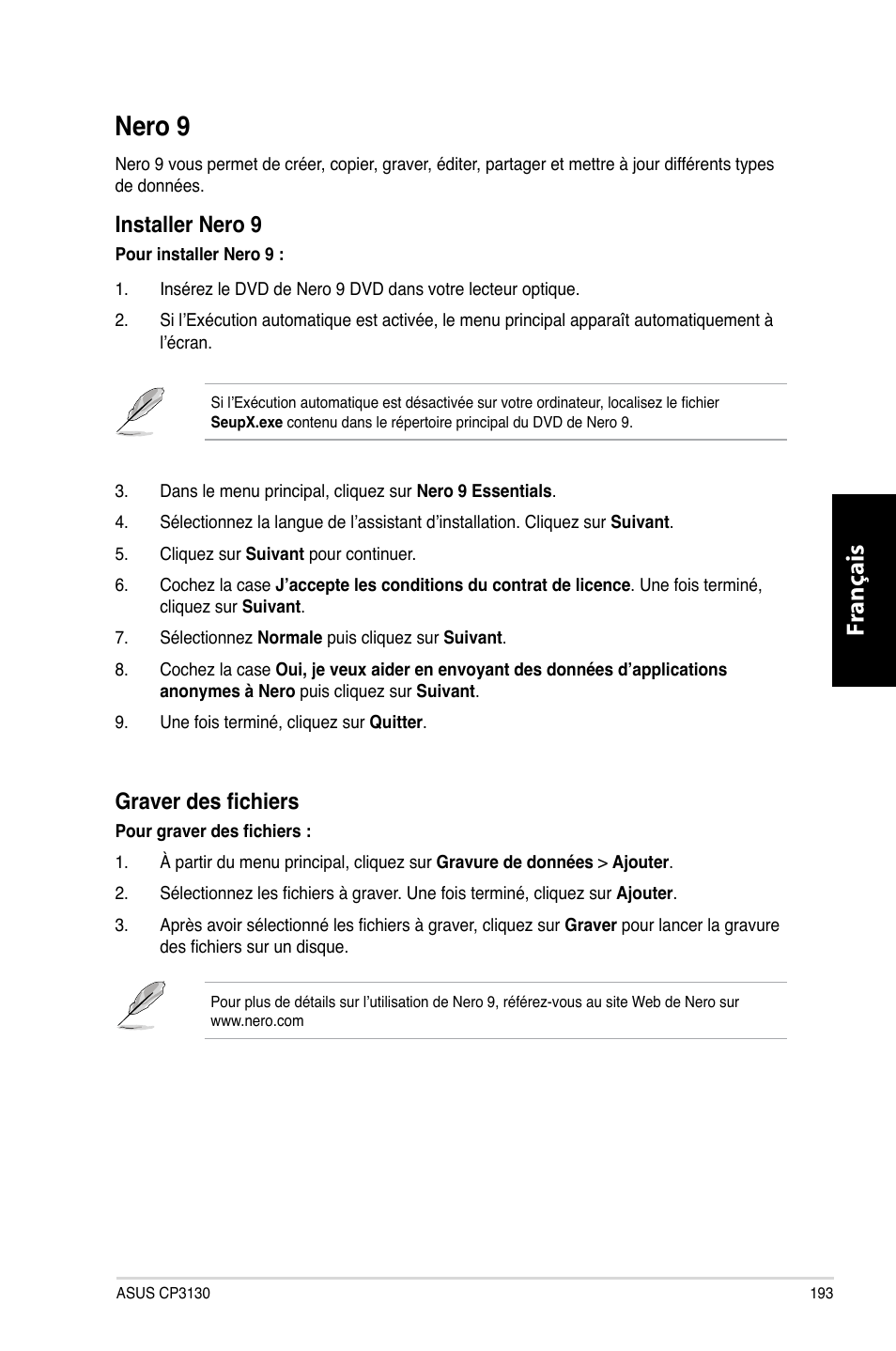 Nero 9, Nero.9, Fr ançais fr ançais | Graver des fichiers, Installer.nero.9 | Asus CP3130 User Manual | Page 195 / 480