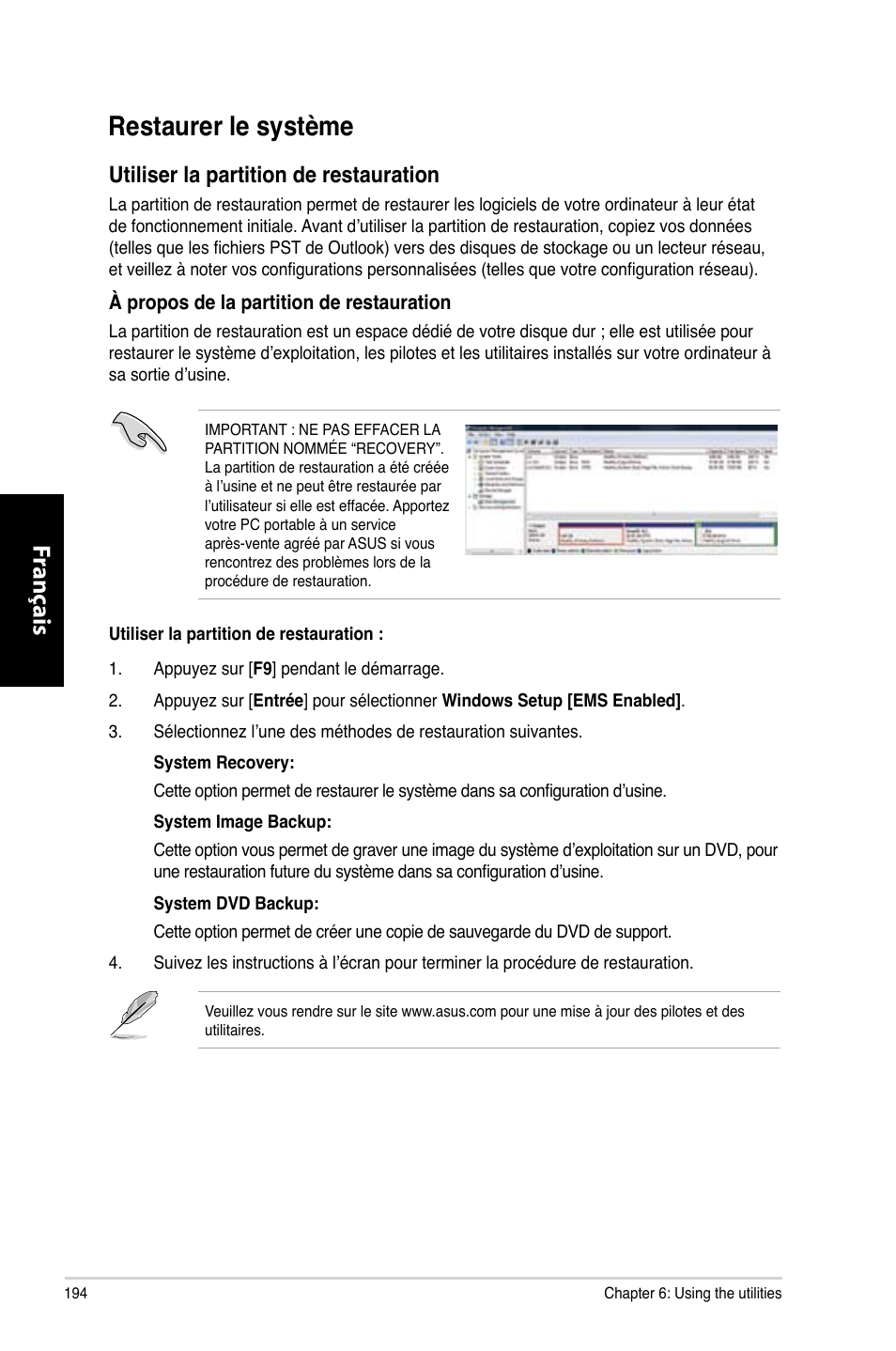 Restaurer le système, Restaurer.le.système, Fr ançais fr ançais fr ançais fr ançais | Utiliser.la.partition.de.restauration | Asus CP3130 User Manual | Page 196 / 480