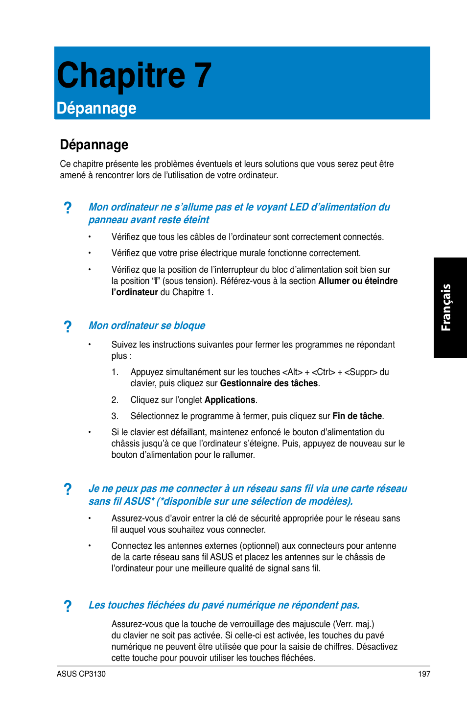 Chapitre 7, Dépannage, Chapitre.7 | Fr ançais fr ançais | Asus CP3130 User Manual | Page 199 / 480