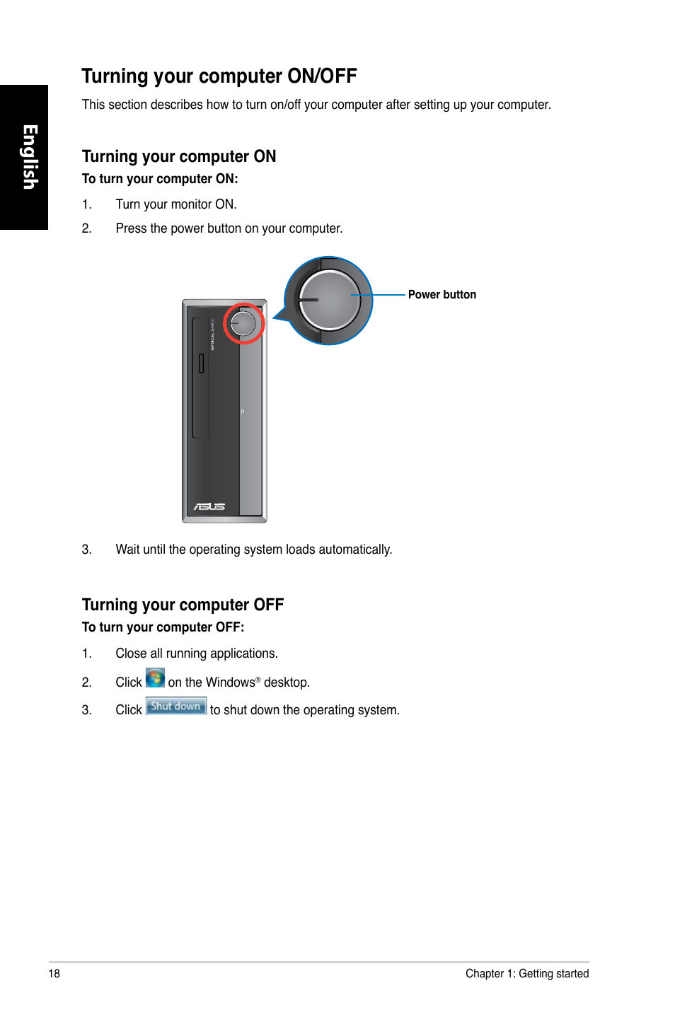 Turning your computer on/off, English | Asus CP3130 User Manual | Page 20 / 480