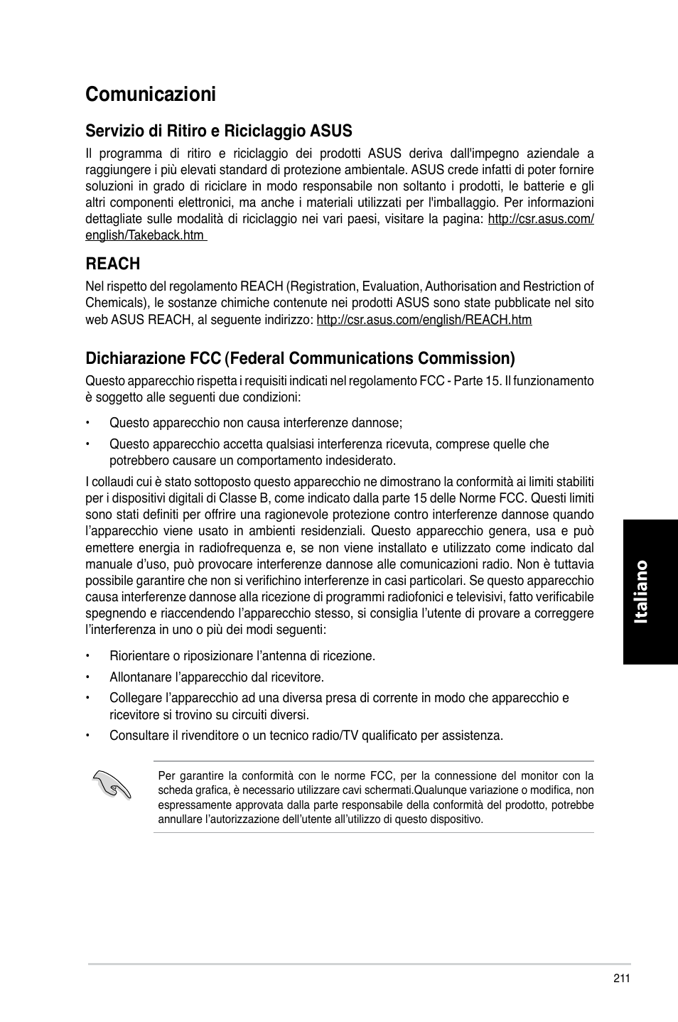 Comunicazioni, Italiano, Servizio.di.ritiro.e.riciclaggio.asus | Reach, Dichiarazione.fcc | Asus CP3130 User Manual | Page 213 / 480