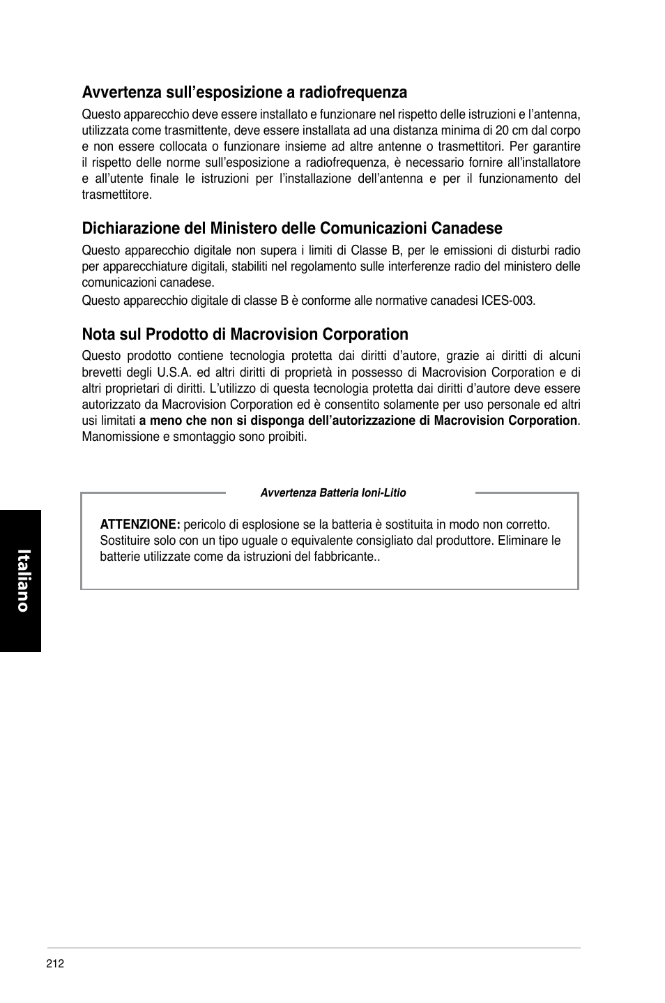 Italiano, Avvertenza.sull’esposizione.a.radiofrequenza, Nota.sul.prodotto.di.macrovision.corporation | Asus CP3130 User Manual | Page 214 / 480