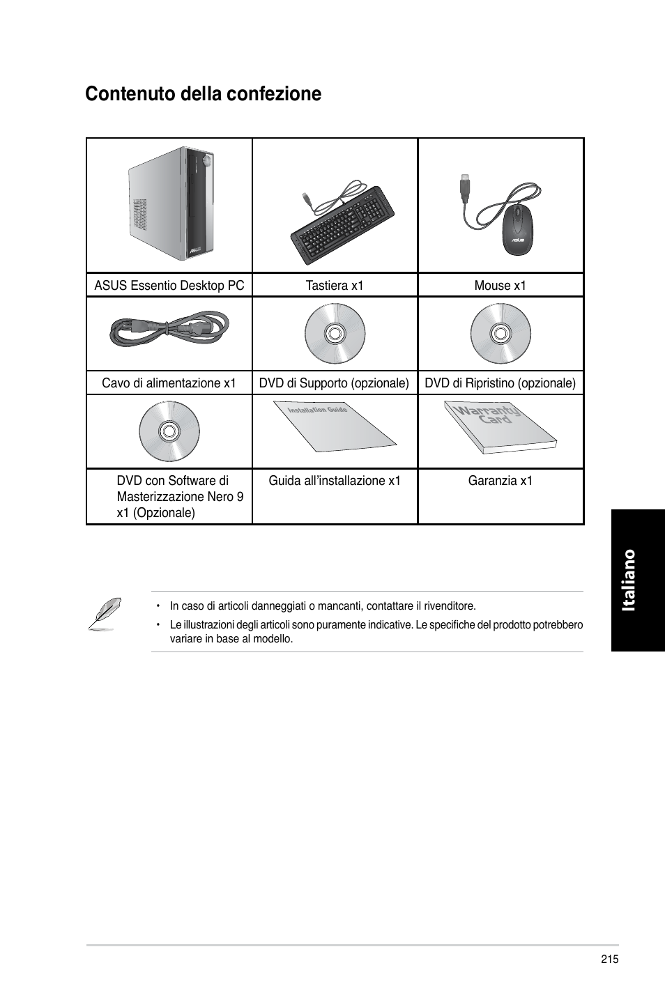 Contenuto della confezione, Contenuto.della.confezione, Italiano | Asus CP3130 User Manual | Page 217 / 480