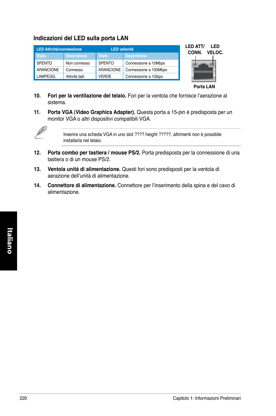 Italiano, Indicazioni.del.led.sulla.porta.lan | Asus CP3130 User Manual | Page 222 / 480