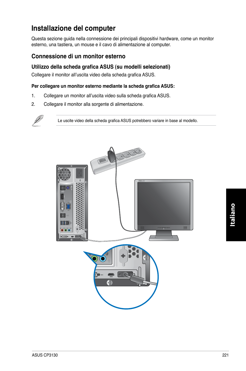 Installazione del computer, Italiano, Connessione.di.un.monitor.esterno | Asus CP3130 User Manual | Page 223 / 480