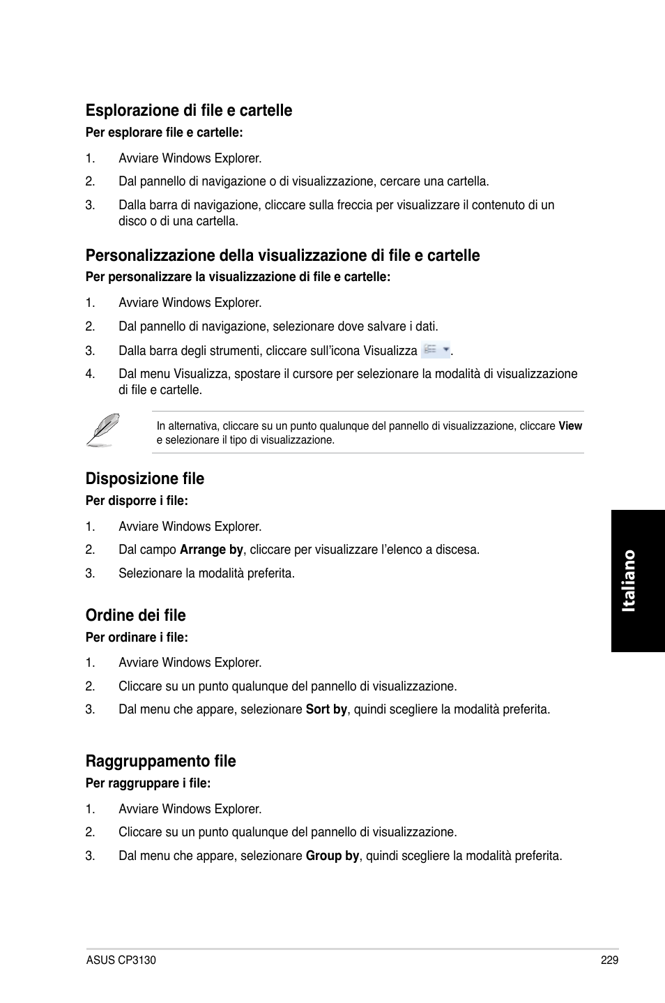 Italiano, Esplorazione di file e cartelle, Disposizione file | Ordine dei file, Raggruppamento file | Asus CP3130 User Manual | Page 231 / 480